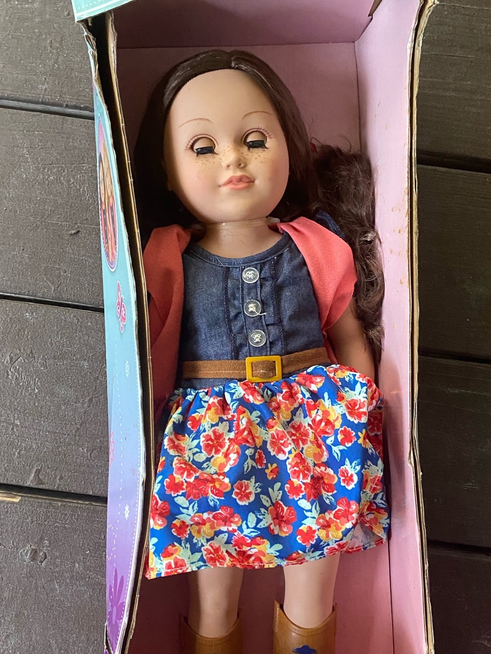 Blue Floral Dress Doll with Pink Cardigan and Brown Boots